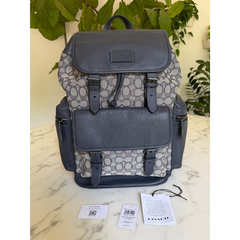 Coach Sprint Backpack In Signature Jacquard & Leather Midnight Navy Blue CE523